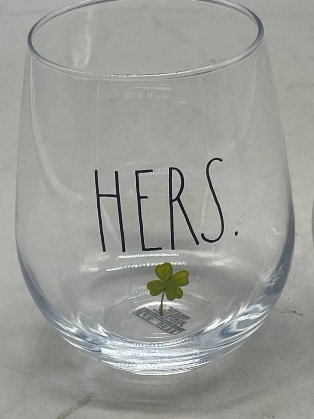 rae dunn stemless wine glasses set of 2 his hers 4 leaf clover clear Irish 5